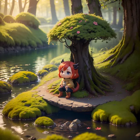 (best quality,4k,8k,highres,masterpiece:1.2),ultra-detailed,(realistic,photorealistic,photo-realistic:1.37), miniature red chibi dragon, floral patchwork, fairytale autumn forest, sit on the mossy rocks of the lake, fishing, dreamy lighting, vibrant colors