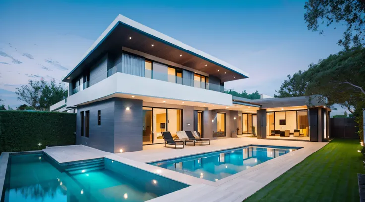 Exterior of beautiful modern house with solar panels on roof. Luxury villa with terrace and swimming pool