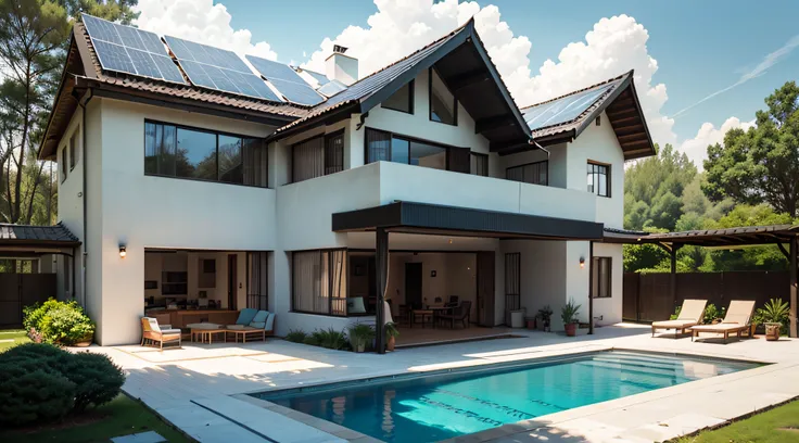 Exterior of beautiful modern house with solar panels on roof. Luxury villa with terrace and swimming pool