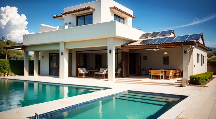 Exterior of beautiful modern house with solar panels on roof. Luxury villa with terrace and swimming pool