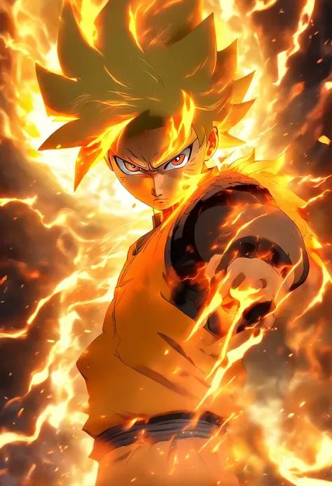 Naruto Uzumaki unleash a full power nine tail fox (in a Firestorm with lighting thunder vfx around), masterpiece, best quality, ultra quality, absurd details, best light, best shadow, sharp, sharp picture, detailed face, detailed eyes, detailed hair, detai...