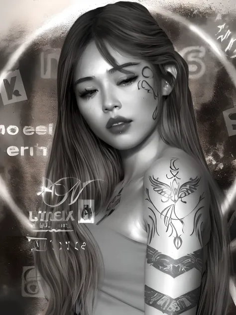 Knew a woman with a tattoo on her arm and chest, wlop glossy skin, tattoo, gray skin. grunge, Watermark, With rune tattoos on the face, tattoo, Art style realism, Digital Art H 9 6 0, tumblr, [ digital art ]!!, digital art. @Mariomaniadwood, Inspired by Ki...