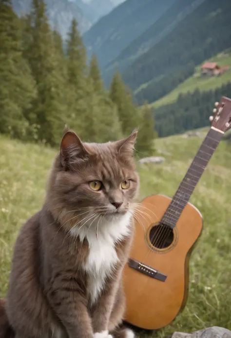 Make a cat playing guitar in the Swiss Alps