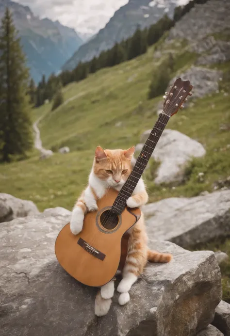 Make a cat playing guitar in the Swiss Alps