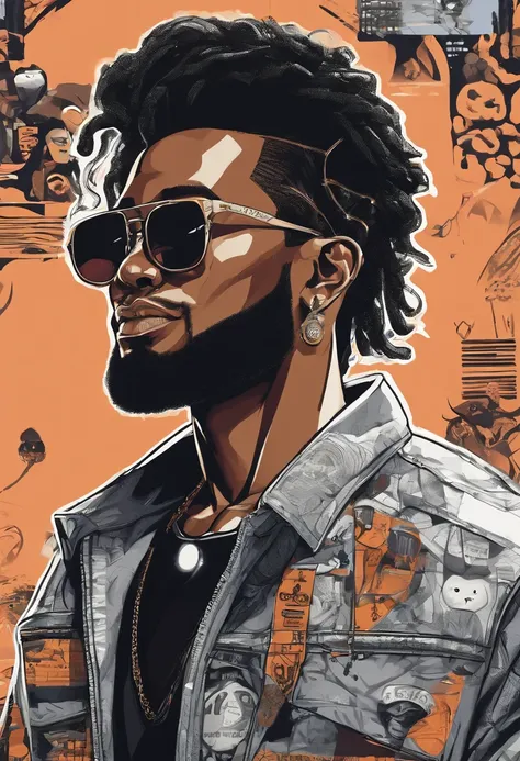 Asian manga-style drawing of a black man with sunglasses, an earring, long braids, and a stubble beard. Dressed in rock and roll style. Computer screens and hacker. Lots of technology