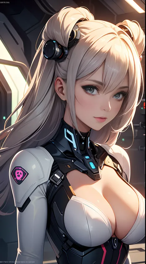 A close-up head and chest portrait of a pretty and cute woman, her chest adorned with pneumatic tubes that give her a unique and futuristic appearance. The highly detailed digital rendering captures every aspect of her beauty, from her delicate features to...