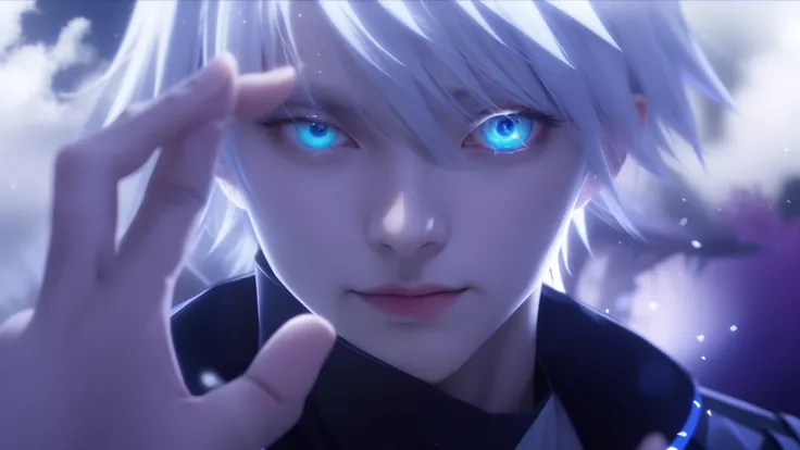 anime guy with blue eyes and white hair holding his hand up, kaneki ken, ken kaneki, tall anime guy with blue eyes, tokyo ghoul, 2 b, 2b, white glowing eyes, ice-blue-eyes, ufotable, profile picture 1024px, killua zoldyck, kaworu nagisa,8k realistic anime ...