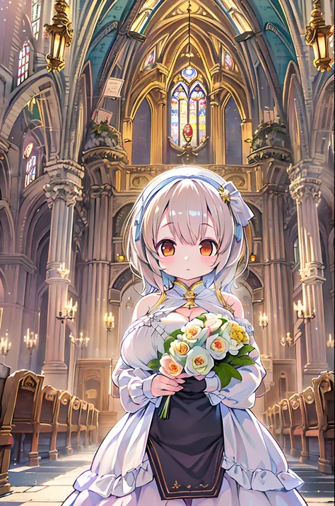 High resolution, Best Quality, masutepiece, Ultra high definition, Ultra high definition, .。.3D, Anime, Illustration, In a church、wedding hall、Two women in wedding dresses、2girls，girl1：bbw、huge-breasted、、Chibi adorable，Black hair，Bob-cut hair，huging、stare、...