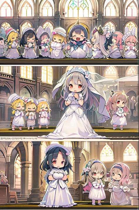 High resolution, Best Quality, masutepiece, Ultra high definition, Ultra high definition, .。.3D, Anime, Illustration, In a church、wedding hall、Two women in wedding dresses、2girls，girl1：bbw、huge-breasted、、Chibi adorable，Black hair，Bob-cut hair，huging、stare、...