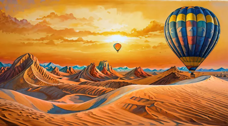 A majestic hot-air balloon rising above a dramatic desert landscape, its vibrant hues contrasting with the arid terrain, as the sun sets, casting a warm, golden glow over the vast sand dunes, exuding a feeling of solitude and exploration, Painting, waterco...