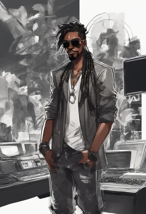 Asian manga-style drawing of a black man with sunglasses, an earring, long braids, and a stubble beard. Dressed in rock and roll style. Computer screens and hacker. Lots of technology