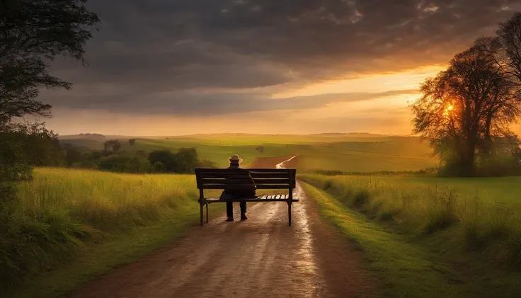 A lonely gentleman sitting on a bench in the middle of a muddy road and a beautiful landscape of nature, Final da tarde, sun sunset