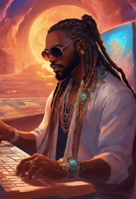 Black man with sunglasses, an earring, long braids, and a stubble beard. Dressed in rock and roll style. Using a cellphone next to computer screens with hacker imagery. Lots of technology in the background.