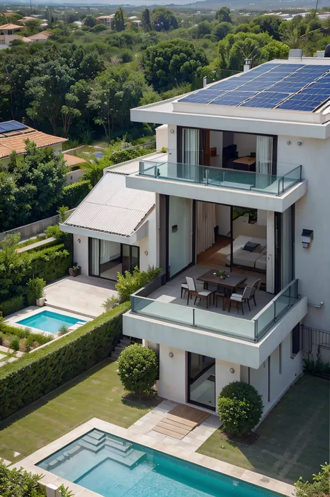 Exterior of beautiful modern house with solar panels on roof. Luxury villa with terrace and swimming pool