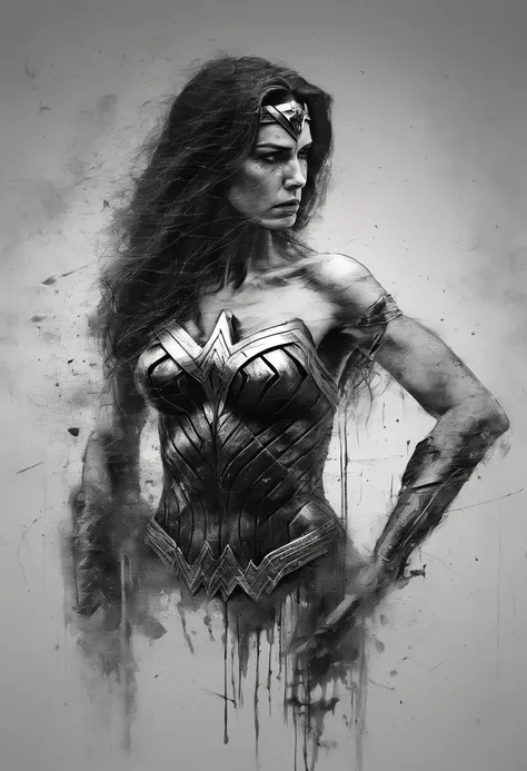 wonder woman, Perfect centralization, coelho (franco)de Donnie, Standing position, beleza abstrata, Centrado, looking at the camera, Facing the camera, nearing perfection, triste, desespero, corpo inteiro, hands on her head, Dynamic, altamente detalhado, l...