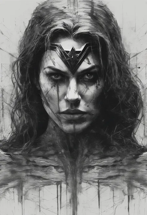 wonder woman, Perfect centralization, coelho (franco)de Donnie, Standing position, beleza abstrata, Centrado, looking at the camera, Facing the camera, nearing perfection, triste, desespero, corpo inteiro, hands on her head, Dynamic, altamente detalhado, l...