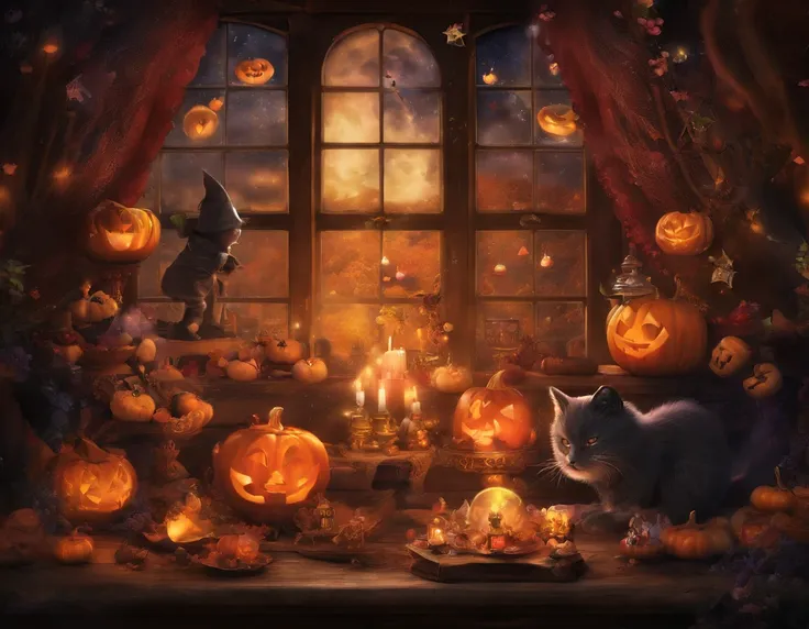 high-level image quality、8K、the detailed images、Halloween、candies、Young witch、house in forest、the bats、squash、candy、Moonlight shines through the window、Sweets, candles and crystal balls on wooden table、Cute fortune teller、black cat、