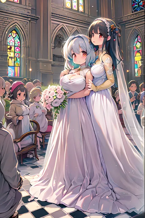 High resolution, Best Quality, masutepiece, Ultra high definition, Ultra high definition, .。.3D, Anime, Illustration, In a church、wedding hall、Two women in wedding dresses、2girls，girl1：bbw、huge-breasted、、Chibi adorable，Black hair，Bob-cut hair，huging、stare、...