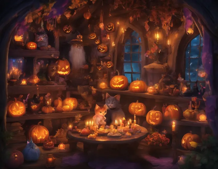 high-level image quality、8K、the detailed images、Halloween、candies、Young witch、house in forest、the bats、squash、candy、Moonlight shines through the window、sweets, Candles and crystal balls on wooden table、Cute fortune teller、Black cat、