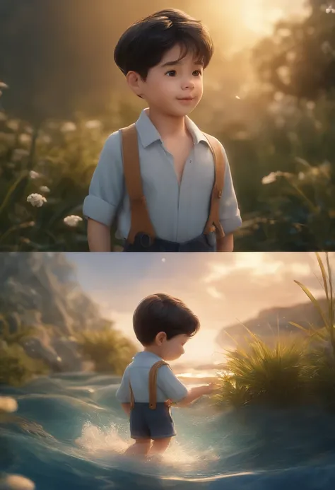 movie picture quality，Disney animation style，A little boy swims in the sea with a koi in his arms，short detailed hair，Denim suspenders，The barefoot，depth of fields，high light，Real light，Ray traching，oc rendered，Hyper-realistic，best qualtiy，8K，Works of mast...