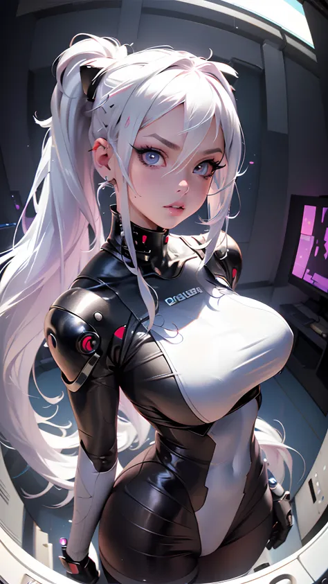 Beautiful young girl looking at camera, ((fisheye photo)), perfect detailed face, cyberpunk blurry background, futuristic cyber soldier sexy outfit, underwear detailed muscles realistic masterpiece gigantic breasts, hardnipples protruding, Ecchi, young sex...