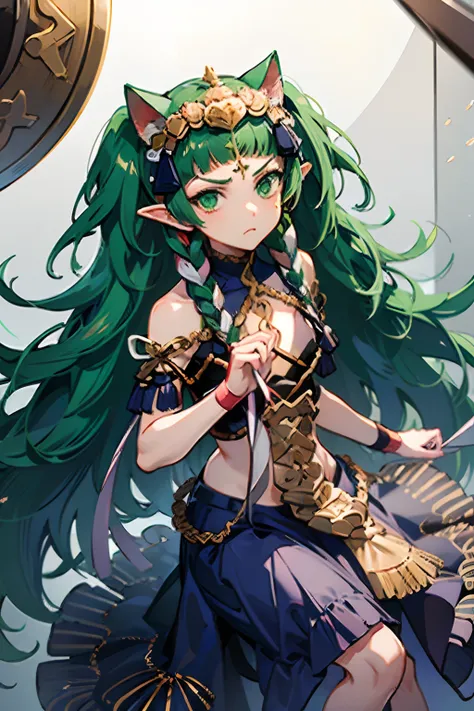 sothis, 1girl, cat ears, green twin-tails, grumpy face