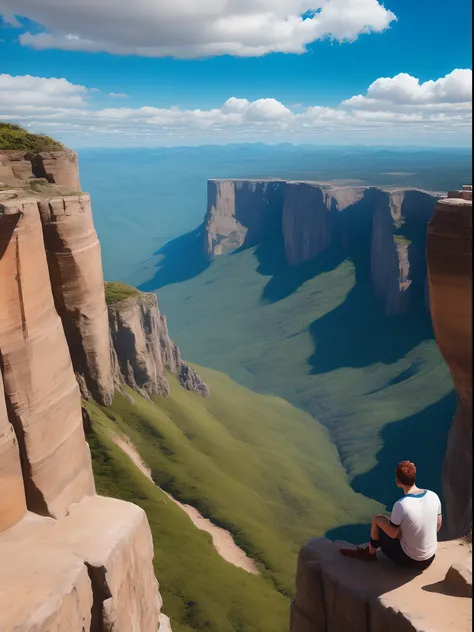 Um homem sobre uma montanha observando uma cidade em chamas em um vale