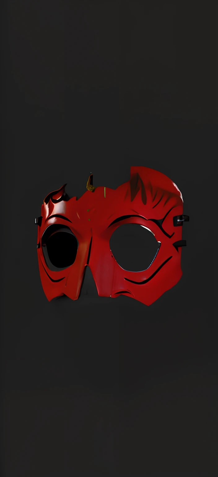 There is a red object with a black background and a black background, Broken mask, olhos totalmente vermelhos sem pupilas, detailed mask, theater mask, unsharp mask, WMASK, Tem uma tinta vermelha e preta, cara vermelha, masks, monstrous mask, Vazio sangren...