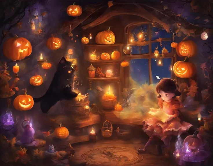 high-level image quality、8K、the detailed images、Halloween、candies、Young witch、house in forest、the bats、squash、candy、Moonlight shines through the window、sweets, Candles and crystal balls on wooden table、Cute fortune teller、Black cat、