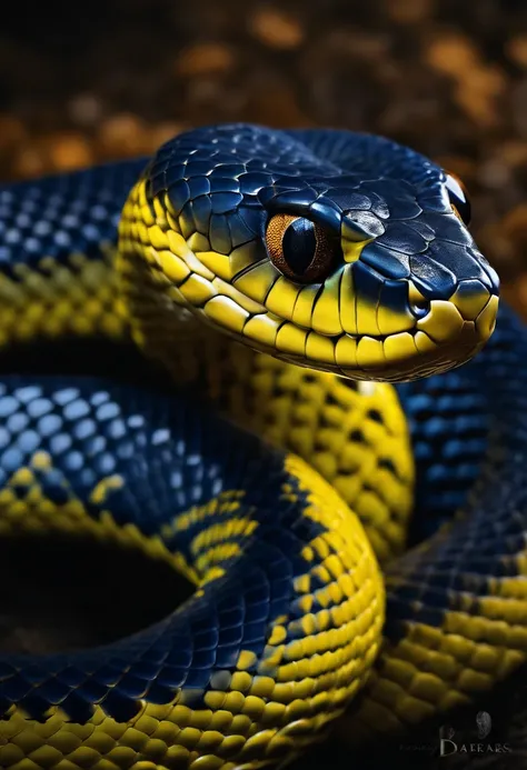 (best quality,highres:1.2),ultra-detailed,realistic:1.37,blue snake,yellow eyes,wallpaper,serpent scales,dark background,vibrant colors,shadowed lighting