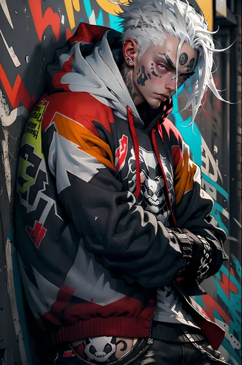 A cool and trendy panda, platinum hair, red eyes, wearing trendy hip hop clothing, wearing a hoodie, graphic t-shirt and torn jeans, tons of tattoos and piercings, graffiti style background, highly detailed background, perfect masterpiece, high quality, hi...