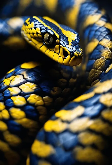 (best quality,Highs:1.2),ultra-detailed,realistic:1.37,Blue snake,yellow eyes,wallpaper,Snake scales,dark background,vibrant colors,shadow lighting