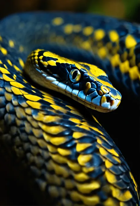 (best quality,Highs:1.2),ultra-detailed,realistic:1.37,Blue snake,yellow eyes,wallpaper,Snake scales,dark background,vibrant colors,shadow lighting