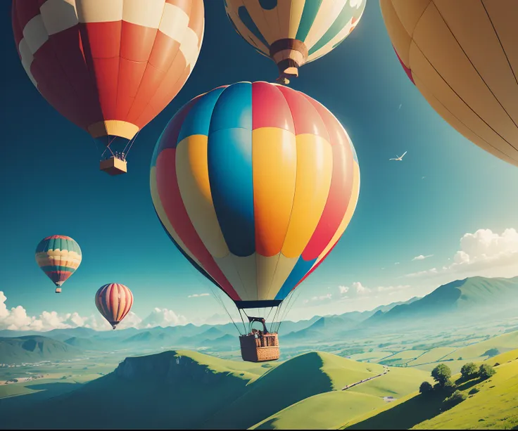 Picture of a single massive, flying hot air balloon. (Floating in air, Different colors)) Picture of air balloon flying above a lush green valley on a sunny warm sunny day.