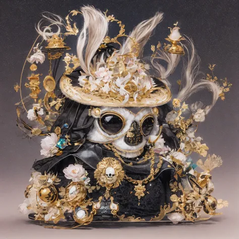 National wind circle，Flying nine-tailed fat skull flame ethereal toad star，Flowing black hair，Golden-black damask white rabbit fur bra，Fuchsia pink diamonds, Tulle burgundy diamond shin guard，The fat woman in the back room 1:900 miniatures，Front view，Pure ...