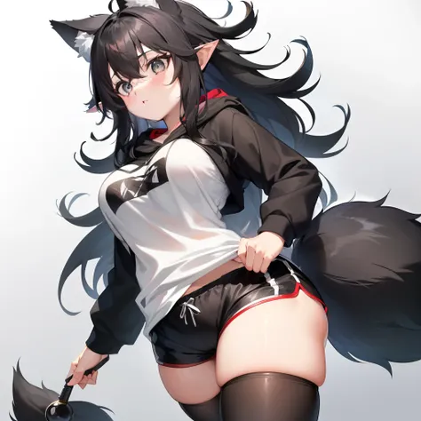 masterpiece, best quality, anime, Sora, ((19 year old Girl)) ((medium-large breasts), ((46ft)) cute, ((Black messy hair)) Black Hoodie with white stripes, lifted shirt to show breasts, Sideview, ((Red and Grey eyes)), ((Black Really Fluffy Wolf tail and ea...