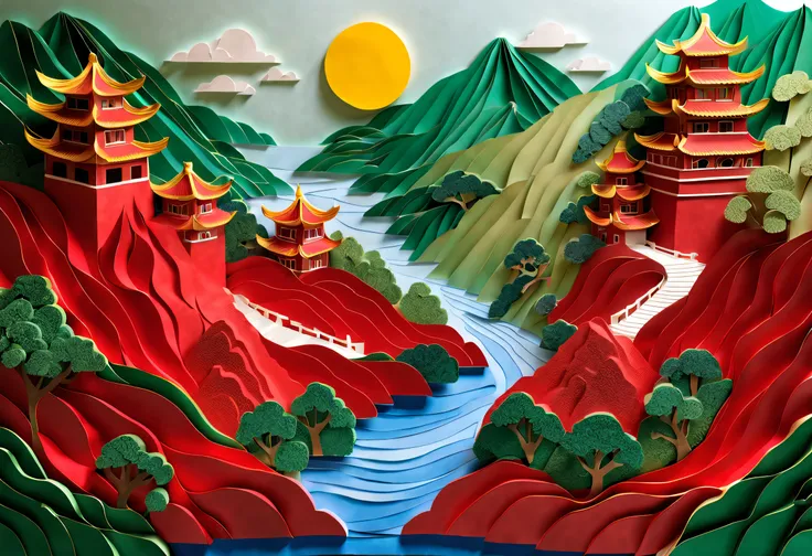 （paper art，Quilted paper art，geomerty），Complex illustration in paper cut art style，Paper_cut,Northern scenery，Looking inside and outside the Great Wall，Up and down the river， Sunny days，Look at the red dress，Its enchanting。 There are so many delicate river...