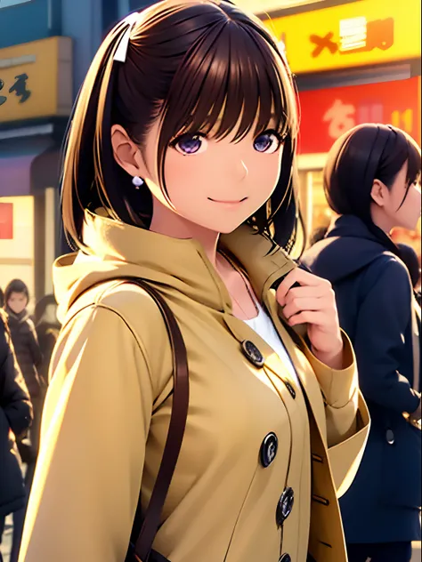 hight resolution,8K,Best Quality,detaileds,semi - realistic anime,Anime 3D Style,Smooth Anime CG,1 girl in,20 year old woman in Japan,slim,modeled,shiny chestnut hair,Medium Hair,Detailed face,Beautiful and detailed eyes,Glowing skin,(parka,layered clothes...