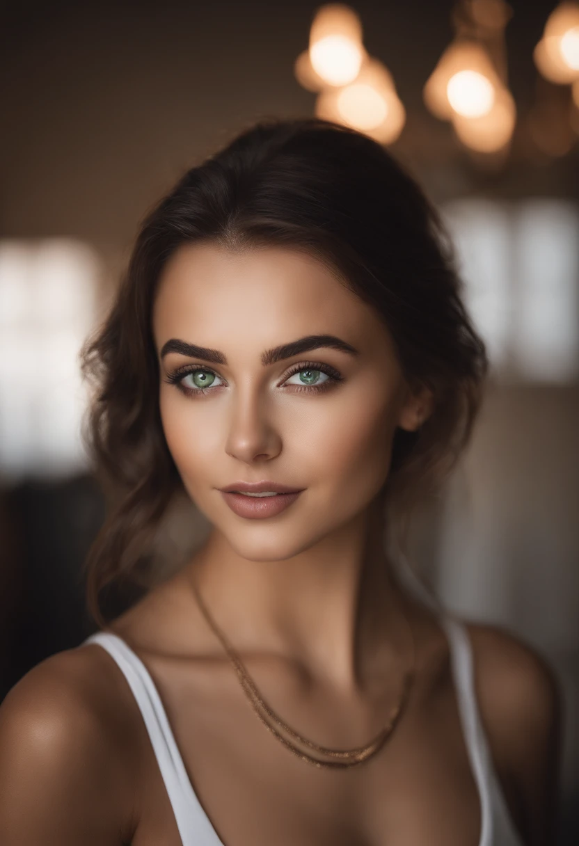 Arafed woman with a white tank top and necklace, arab,fille sexy aux yeux verts, Portrait Sophie Mudd, cheveux bruns et grands yeux, selfie of a young woman, Yeux de chambre, Violet Myers, sans maquillage, maquillage naturel, looking straight at camera, Vi...