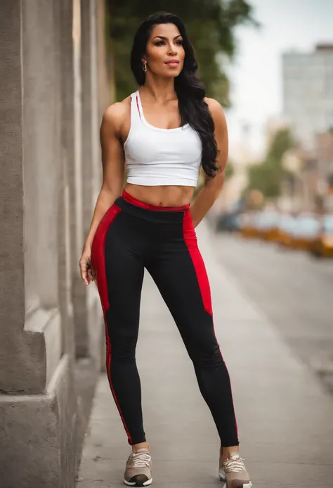 arabic woman in a black top and red pants, yellow eyes, pony tail, on a Chicago city street, crop shirt and strong abs, full body length shot, red gold and black outfit, fitness model, gorgeous female, athletic fashion photography, full body close-up shot,...