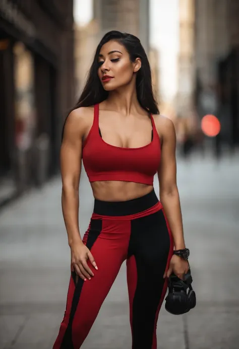 arabic woman in a black top and red pants, yellow eyes, pony tail, on a Chicago city street, crop shirt and strong abs, full body length shot, red gold and black outfit, fitness model, gorgeous female, athletic fashion photography, full body close-up shot,...