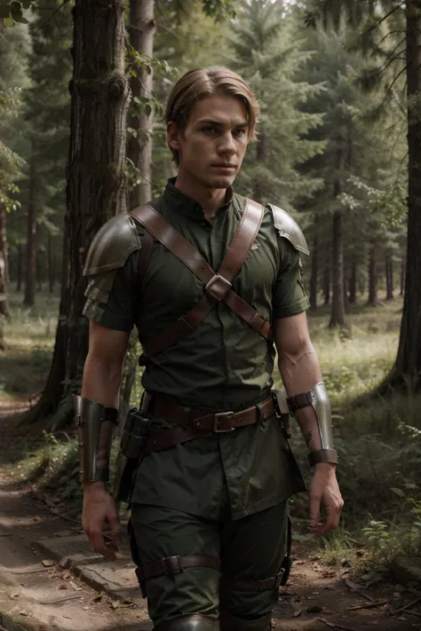 Ultra realistic, 8k, atmospheric, forest, soldier, young male, short blonde hair, armour, harness