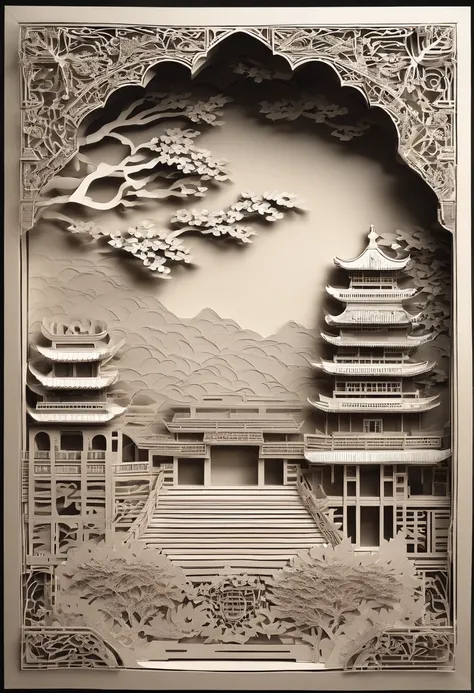 Complex illustration in paper cut art style，Great Wall of China，Great wall，Rendered in 3D，And draw inspiration from postmodern art, best qualtiy，realisticlying，realisticlying，super-fine，highly elaborate carvings on ,