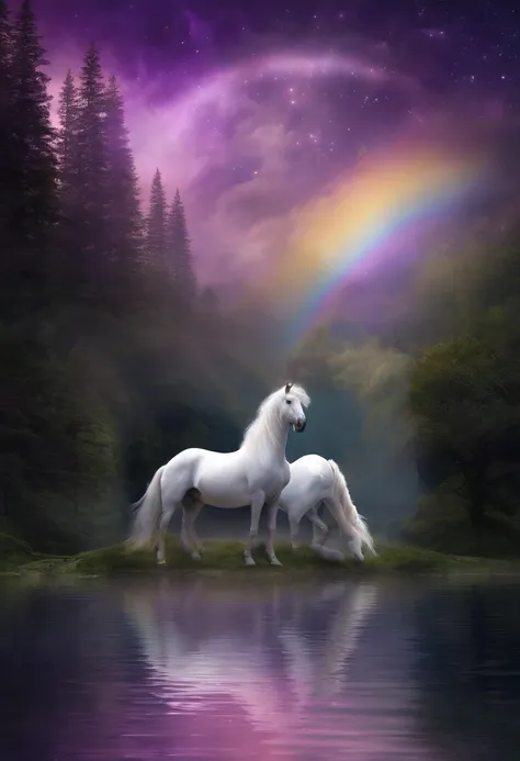 Draw two winged unicorns in a purple sky, unicorns, ethereal rainbows, Rainbow reflections, Pegasus, In a mysterious scene, unicorn, Magical and mysterious,Unicorns reflected in the water， heaven on earth, author：Caroline Chariot-Dayez, Cindy Wright, glitt...