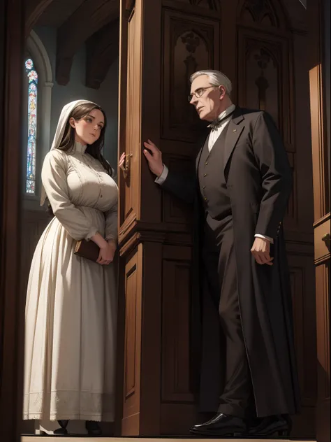 Illustration of a church scene in Victorian style, an elderly pastor and a young buxom brunette woman wearing a Victorian style dress standing in front of the confessional an talking