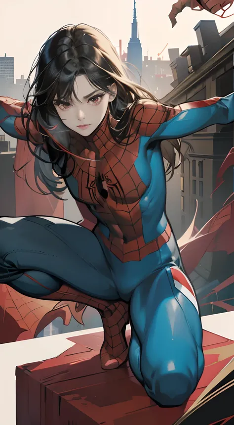 (Best Quality,4K,High resolution), Long straight-haired woman with black hair and red highlights、red eyes、sharp eye、eye liner、spider girl、Red and blue spider suit，Spider Hero、The trademark of the spider on the chest、Suit with cobweb decoration、Comical appe...