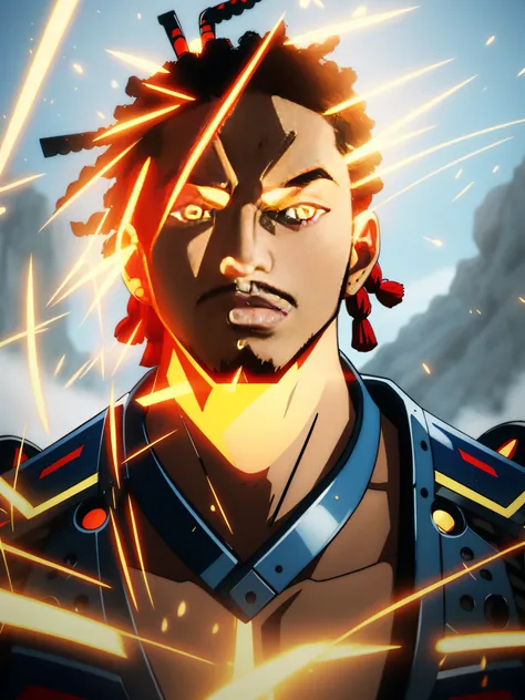 estilo anime realista, Anime japones,dreads, anime real, RAIVA DESENCADEADA, irritado, Soldado ciborgue homem afro-americano com espada samurai dupla, dreadlocks longos vermelhos, bright neon X eyes, com espingarda na lateral, armadura mecha pesada, Cybern...