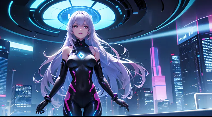 A girl in a futuristic city, wearing a high-tech suit with glowing patterns, surrounded by holographic displays and augmented reality interfaces. She is holding a wand in one hand, showing the juxtaposition of technology and magic. The cityscape is filled ...