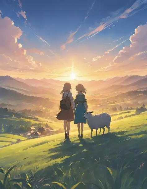 Wide shot of the Alone mountains at sunrise, with the homestead nestled among rolling hills. The camera slowly zooms in to reveal the girl and her grandad tending to the sheep.