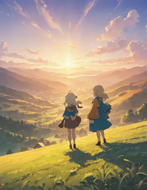 Wide shot of the Alone mountains at sunrise, with the homestead nestled among rolling hills. The camera slowly zooms in to reveal the girl and her grandad tending to the sheep.